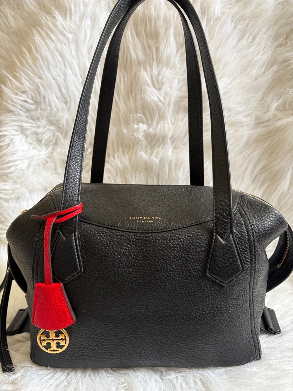 Tory Burch Perry Pebbled Leather Tote with Red Charm